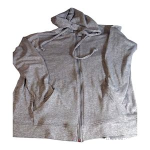 Grey hooded zipper front sweatshirt, no maker or size label, see measurements.